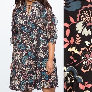 Eloquii Ruffle Detail Tie Neck Fit and Flare Dress